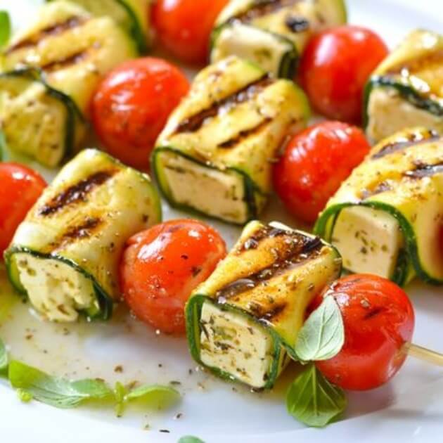 Load image into Gallery viewer, Delectable vegetarian dish: Grilled marinated feta skewers with Greek cheese, courgette, cherry tomatoes, and fresh herbs Dolomites with Bruno Pisani &amp; Luka Vunduk - Culinary and Wellness - JOURNEY - Zhoola
