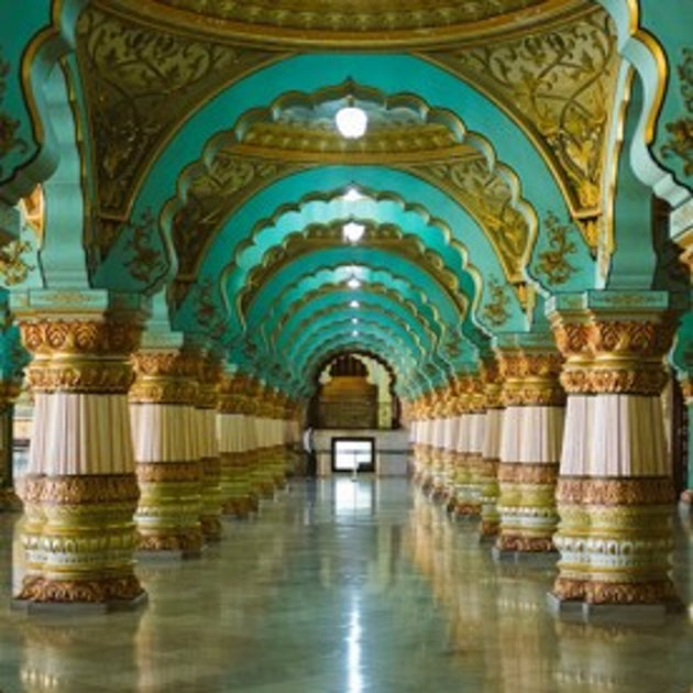 Darbar Hall in Mysore Palace is open to a spectacular view of the parade grounds below - 