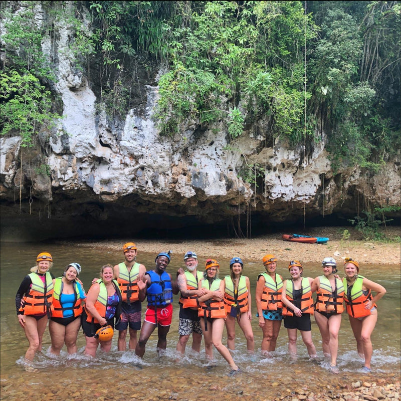 Load image into Gallery viewer, A group of happy friends wearing life jackets by the water -Reset &amp; Reconnect with Thai James - Yoga &amp; Exploration - Retreat - Zhoola
