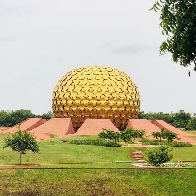 Matrimandir, a renowned spiritual structure, situated within the serene environment of Auroville, Pondicherry, India - Cultures of South India with Sandhya Balakrishnan - Yoga & Exploration - Journey - Zhoolaville, Pondicherry, India.