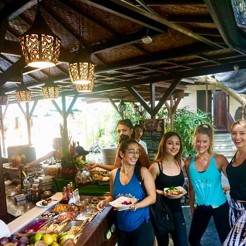 Load image into Gallery viewer, Group of girls enjoying a delicious breakfast together - Myth Immersion with Julie Dohrman - Yoga &amp; Exploration - Retreat - Zhoola
