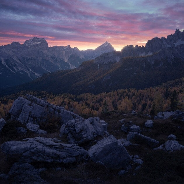 Sunrise at Rifugio Scoiattoli, nestled near the enchanting Cinque Torri rock formation Dolomites with Bruno Pisani & Luka Vunduk - Photography & Exploration - Zhoola