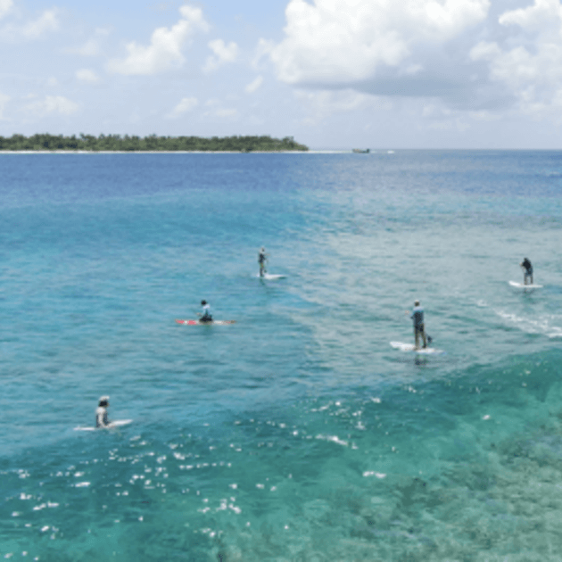 Surfer riding waves under a bright sun, with sparkling waters all around - Maldives SUP surf trip with Tiago Silva - Live Aboard Surfing - Zhoola