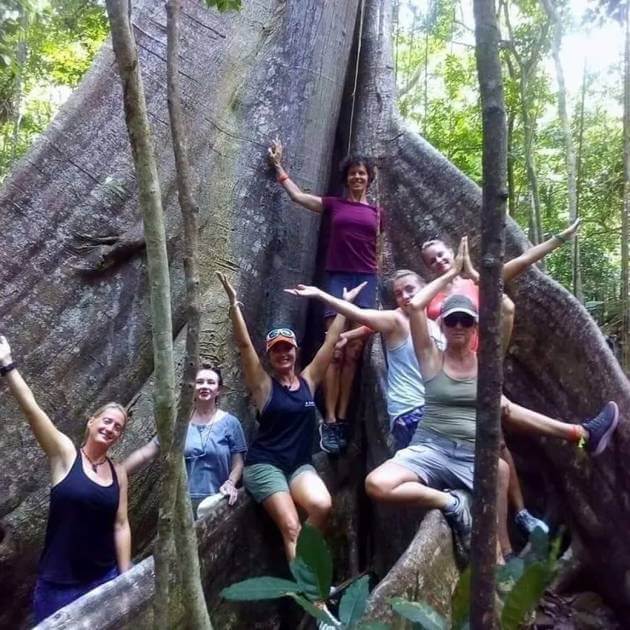 A group of yogis striking a pose against the backdrop of a lush rainforest tree . Back to your Roots at Nevis with Amanda Parr - VendorYoga & Scuba Diving - RETREAT - Zhoola